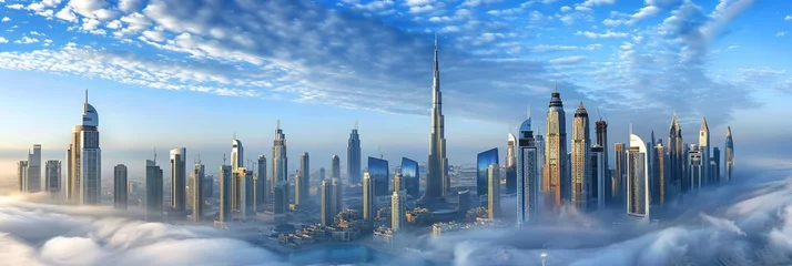 A stunning view of Dubais skyscrapers emerging from a blanket of morning fog, with a clear blue sky above