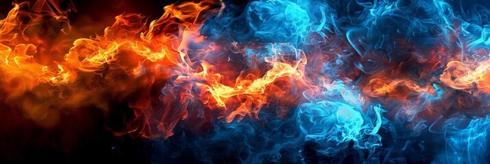 An abstract photo of orange and blue flames against a black background