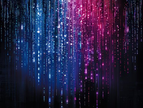 An abstract technology background with binary code and vibrant colors on a black background. 