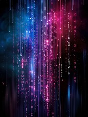 An abstract technology background with binary code and vibrant colors on a black background. 