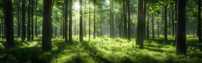 Fototapeta premium A beautiful, bright forest scene with tall, slender trees and lush ferns. Sunlight filters through the trees, casting dappled light on the forest floor