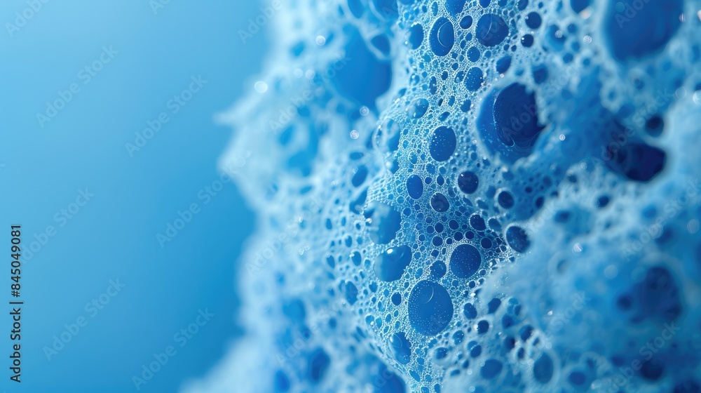 Poster blue macro sponge with porous texture for background with space for text