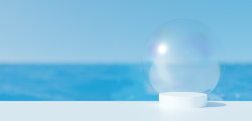 青い海の背景に白い円柱の台座とシャボン玉。コピースペース。3D（横長）