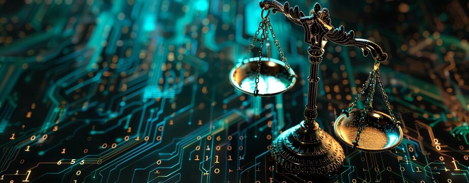 Digital art in the style of cyberpunk of Scales of Justice with binary code and a computer circuit board background, depicting a technology law concept