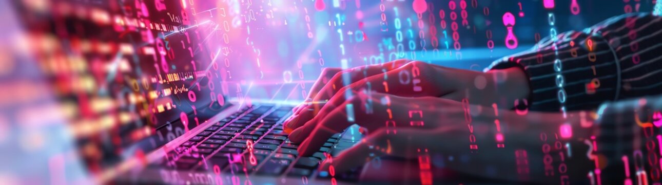 Closeup of hands typing on laptop keyboard, data and binary code floating in the air with colorful digital background, high resolution photography, in the style of digital art.