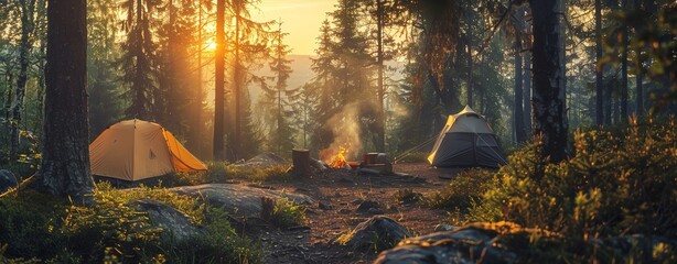 Camping in the forest with tents and campfire at sunset, summer holiday travel concept banner background. copy space for text