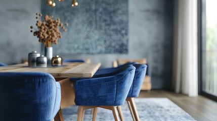 A Modern Dining Room Oasis with a Wooden Table, Blue Chairs, and a 3D Rendering Background