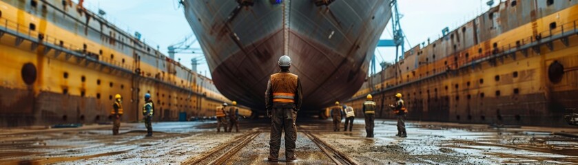 Industrial Team Welding and Assembling Giant Ship Hull in Massive Drydock