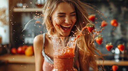 A joyful woman in a kitchen laughs as she blends a smoothie, with smoothie splashes and fresh strawberries flying around, creating a dynamic and energetic scene 