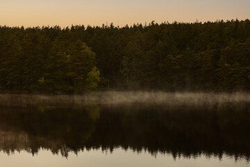 Frost smoke on a forest lake at sunset.