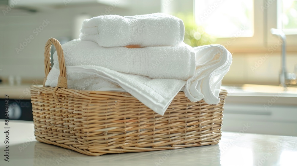 Poster white towels neatly stacked in basket on kitchen counter empty space
