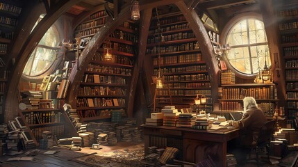A cozy attic library filled with shelves of books, where an old man sits at his desk surrounded by piles of ancient tomes