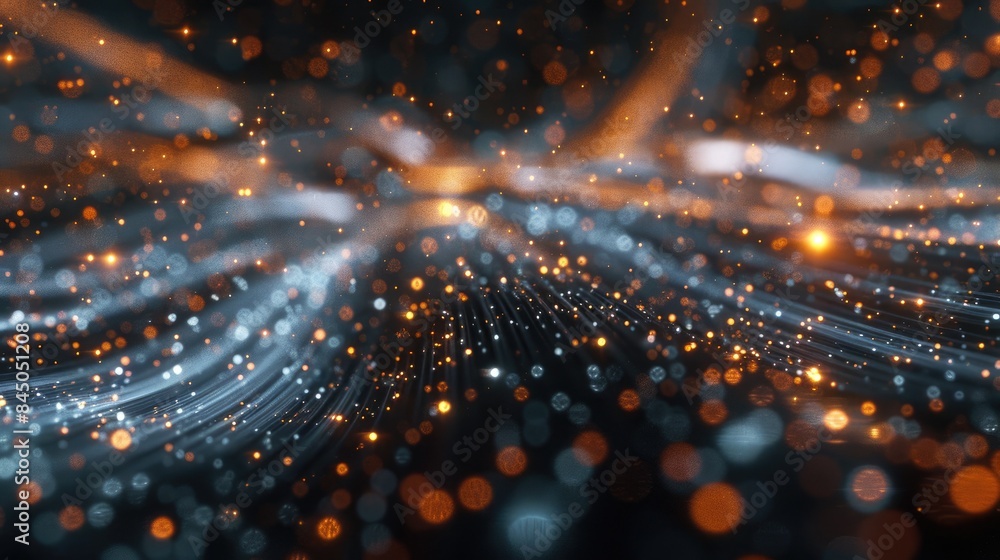 Poster the image is a glowing orange and blue particle background with a shiny light in the center. it look