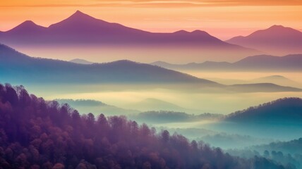Soft, fluffy clouds blend scatter around seamlessly surround majestic mountain in pastel tones of purple, blue, and yellow, convey serene and peaceful atmosphere perfect for wallpaper, poster. AIG35.