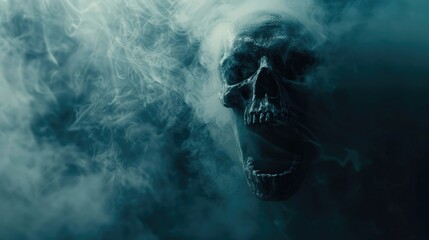 Eerie human skull emerging from dark smoke, creating a spooky and mysterious atmosphere suitable for Halloween or horror themes.