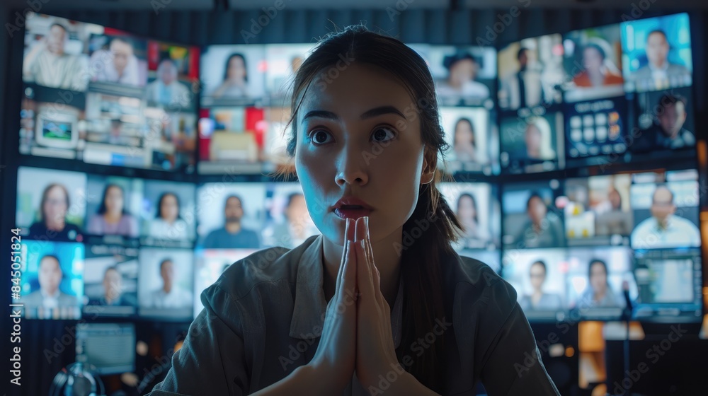 Poster focused woman working at her computer with multiple video screens in the background, representing re