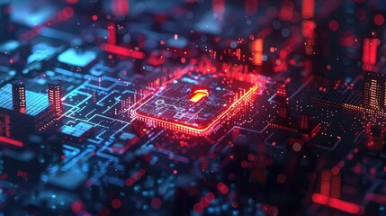Fototapeta premium Futuristic red illuminated circuit board with a central processing unit highlighted, representing advanced technology and innovation.