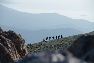 Activities of a group of professional climbers in the majestic texture of the mountains