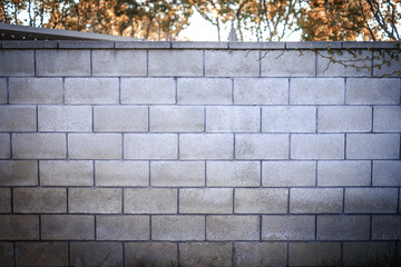 A close-up of a grey cinder block wall with visible texture and pattern for construction materials, home improvement or landscaping services.