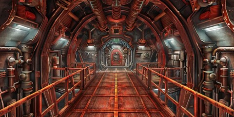 Obraz premium An interior shot of a metal corridor in a futuristic spacecraft