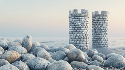 Wall of pebbles with dual towers on the shore