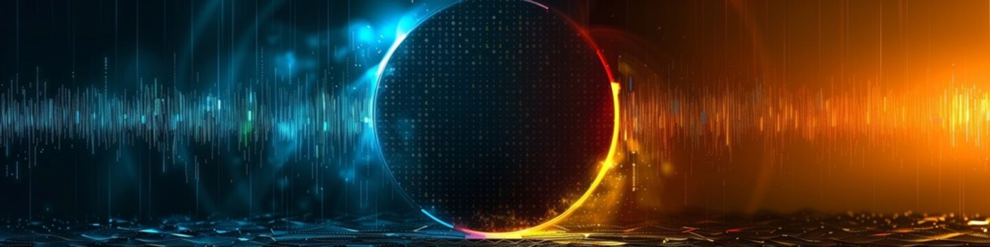 An abstract technology circle made with code in vibrant light on a black background. 