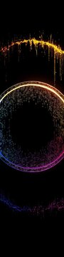 An abstract technology circle made with code in vibrant light on a black background. 