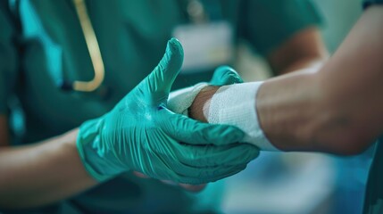 Healthcare professional with gloves bandaging a patient's arm, providing medical care in a hospital setting, focusing on wound treatment.