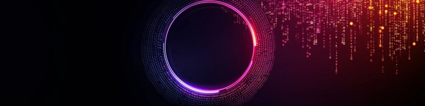 An abstract technology circle made with code in vibrant light on a black background. 