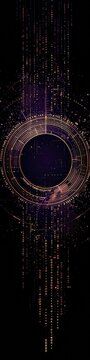 An abstract technology circle made with code in vibrant light on a black background. 
