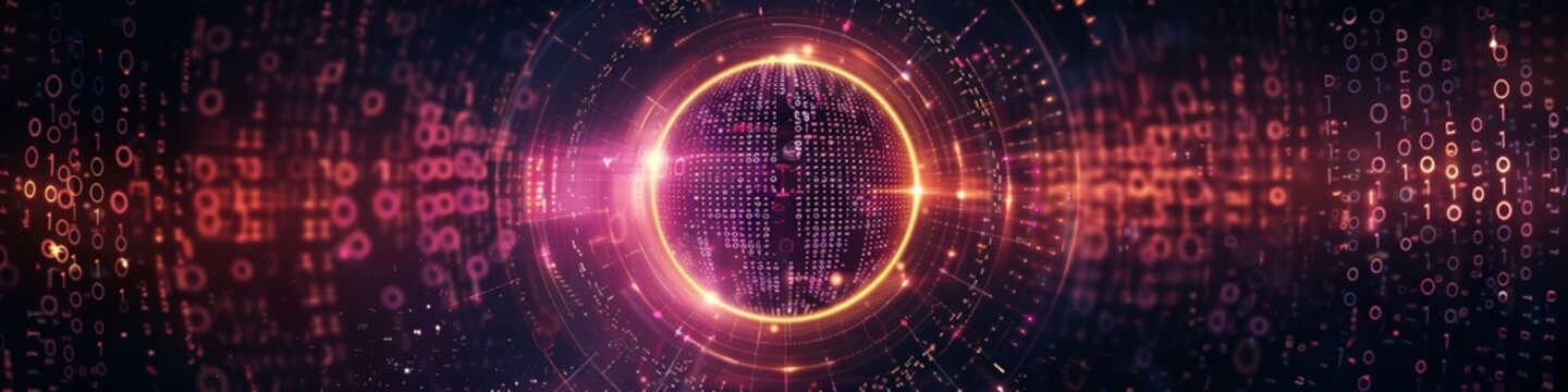 An abstract technology circle made with code in vibrant light on a black background. 