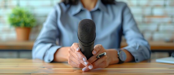 Person holding a microphone and pen, ready to conduct an interview at a wooden table with a brick wall background.