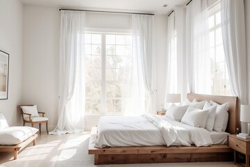 Interior white bedroom with white curtains and white pillows on wooden bed elegant classic for rest and sleep. Modern white bedroom bright.