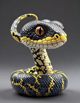 A 3D animated Cute Cartoon Blackhead Ball Python Character 3D Rendered on Gray Background.