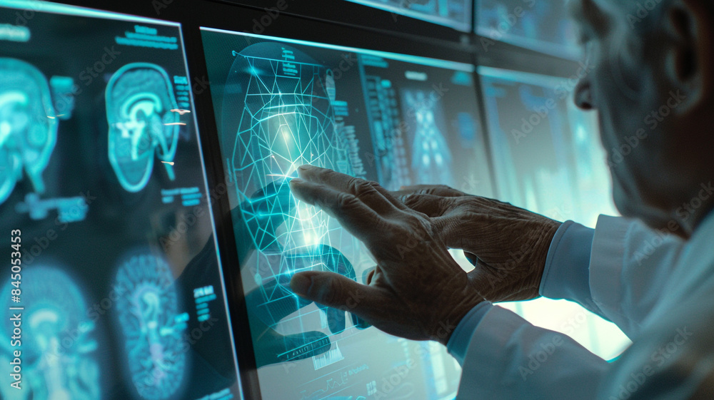 Poster man interacting with brain scan on screen