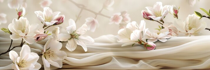 A close-up image of white magnolia blossoms on a soft, flowing fabric, with gentle lighting creating a delicate and serene atmosphere