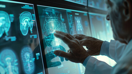 Man interacting with brain scan on screen