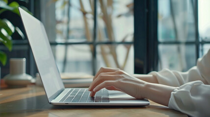 Person typing laptop wooden table