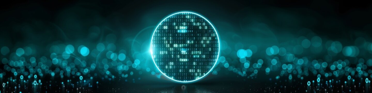 An abstract technology circle made with computer code in blue and green on a black background. 
