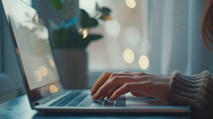 Person typing laptop table plant background