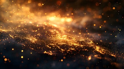 Obraz premium Abstract background shining golden floor ground particles stars dust. Futuristic glittering in space on black background. 
