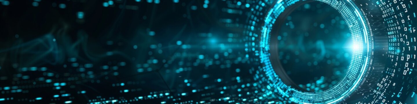 An abstract technology circle made with computer code in blue and green on a black background. 