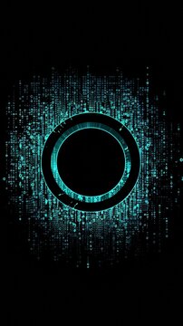 An abstract technology circle made with computer code in blue and green on a black background. 