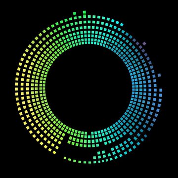 An abstract technology circle made with computer code in blue and green on a black background. 