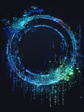 An abstract technology circle made with computer code in blue and green on a black background. 