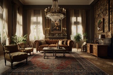 Vintage home design interior antique wooden furniture, ornate decorations, and grand fireplace, patterned wallpaper, Persian rugs, and chandeliers, creating a warm and nostalgic atmosphere