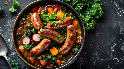 Heartwarming Bowl of Gr?nkohl Stew with Savory Sausages, a Comforting German Winter Dish