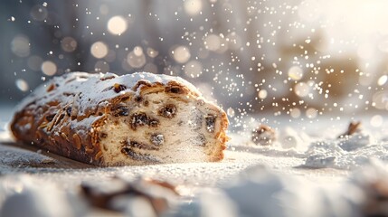 Slice of Festive German Stollen Christmas Bread with Powdered Sugar on Blurred Background