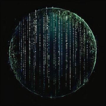 An abstract technology circle made with computer code in blue and green on a black background. 