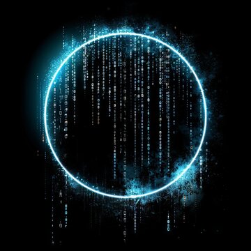 An abstract technology circle made with computer code in blue and green on a black background. 